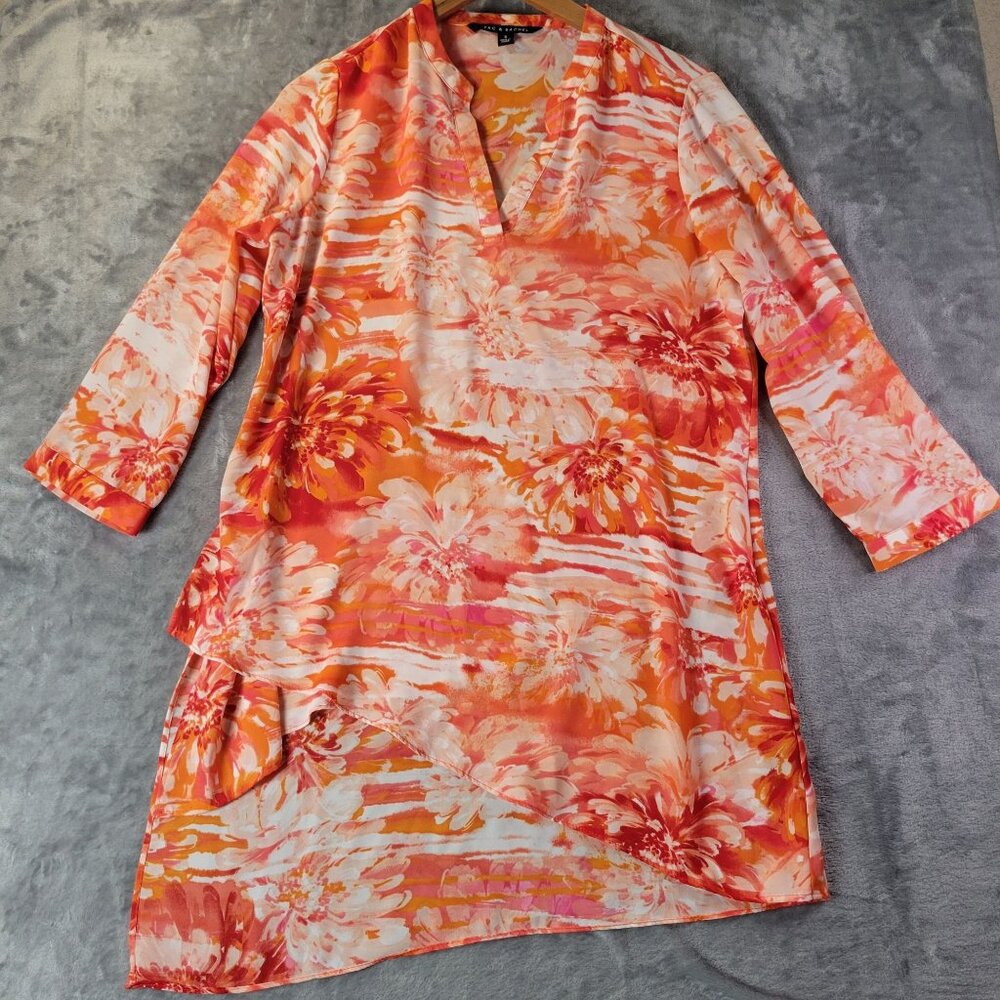Zac&Rachel Womens‎ Tunic Top S Orange Floral Print 3/4 Sleeve Resortwear Layered